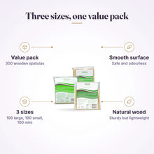Natural Look Wooden Spatulas value pack (100xLarge, 100xSmall, 100xMini) 300 pk